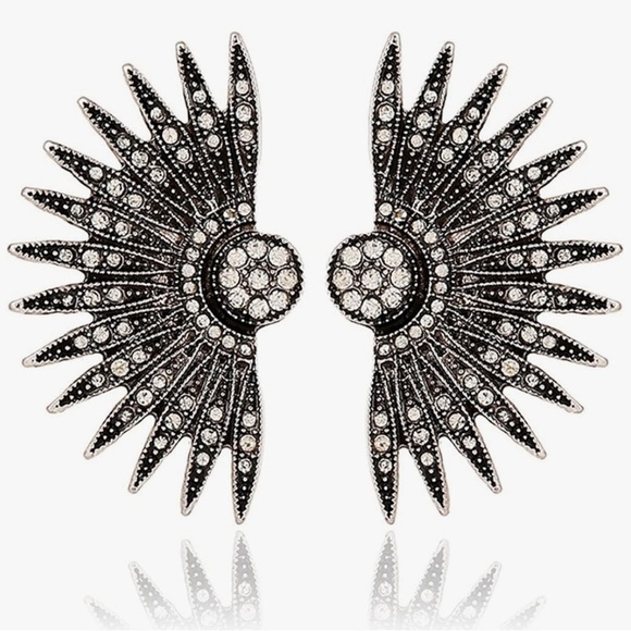 Silver Rhinestone Fan Designer Earrings - Picture 3 of 10